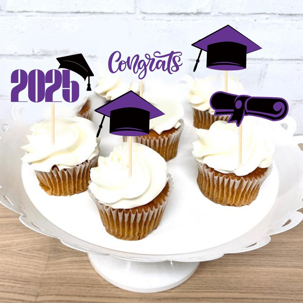 16pcs Glitter Graduation Cupcake Toppers Class of 2025 Congrats Grad Cap Diploma Cupcake Picks for Graduation Party Decorations