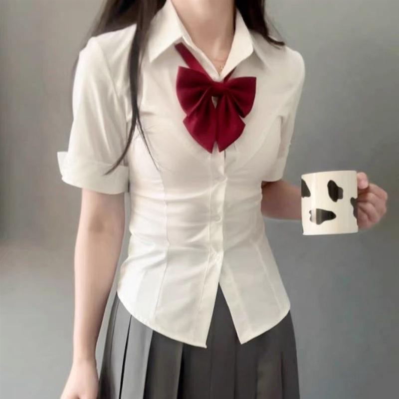 Women's Slim-Fit Waist-Cinching Academic Style White Shirt - Long/Short Sleeves, Ideal for Autumn/Winter
