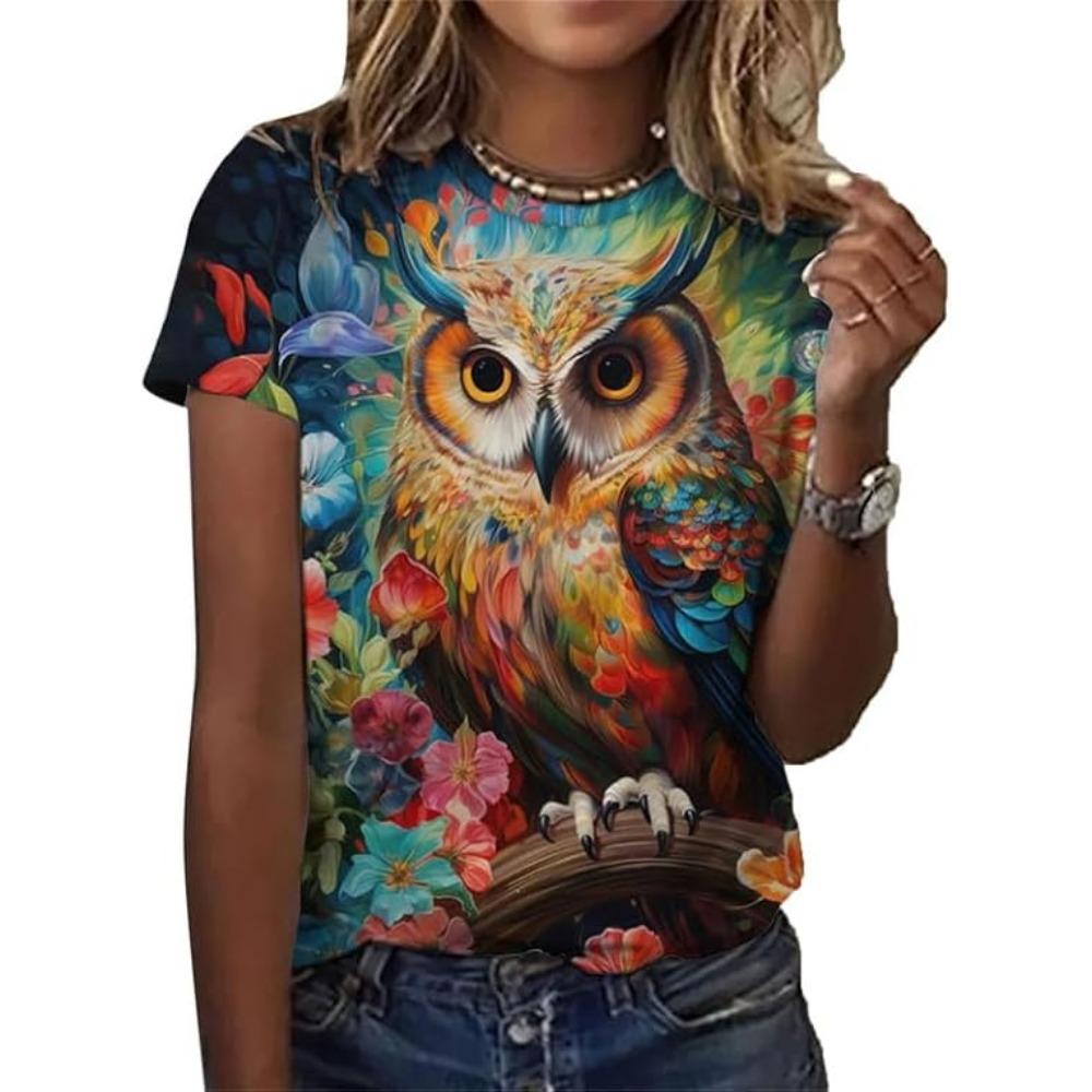 3D Printed Owl Printed Ladies Short Sleeve T-Shirt, Street Outdoor Trendy Women's Clothing