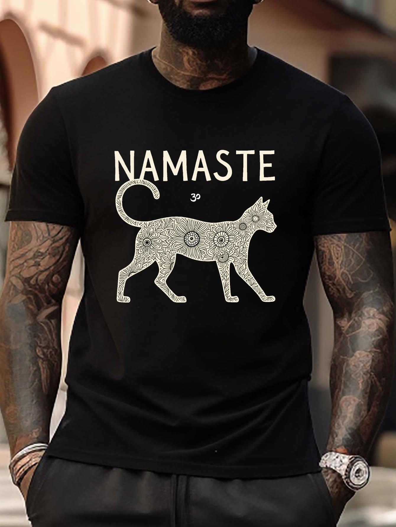 Plus Size Cat Namaste Graphic T-shirt - Black Geometric Mandala Cat Design S