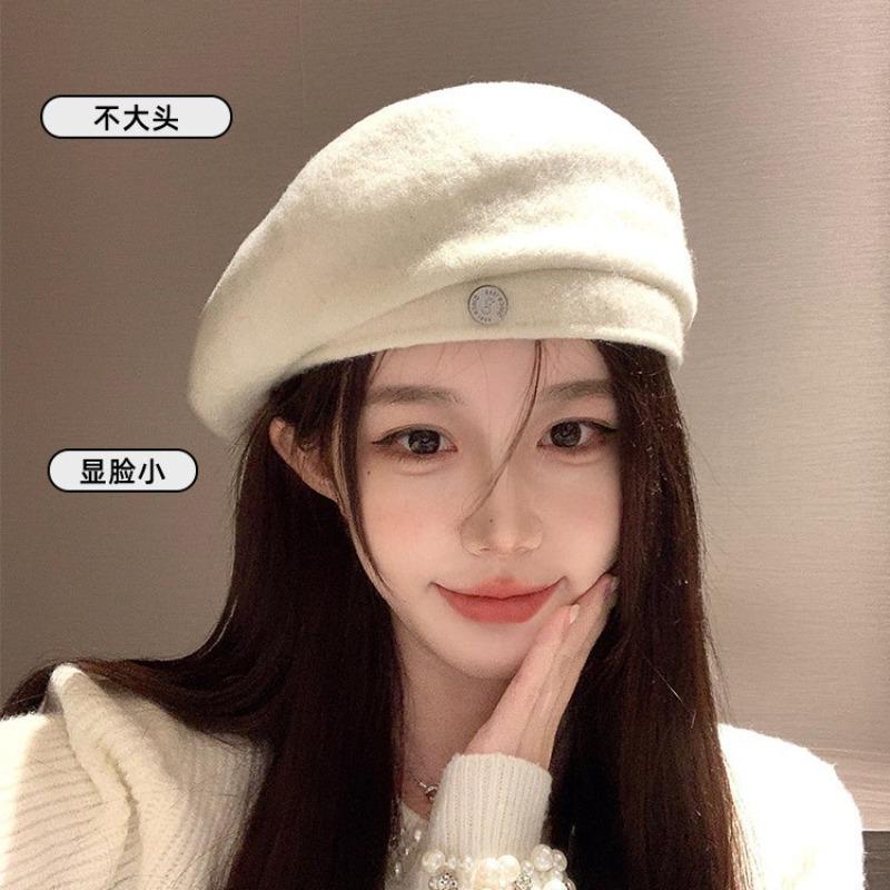 White wool beret woolen hat autumn and winter women's versatile face small painter hat women's high sense
