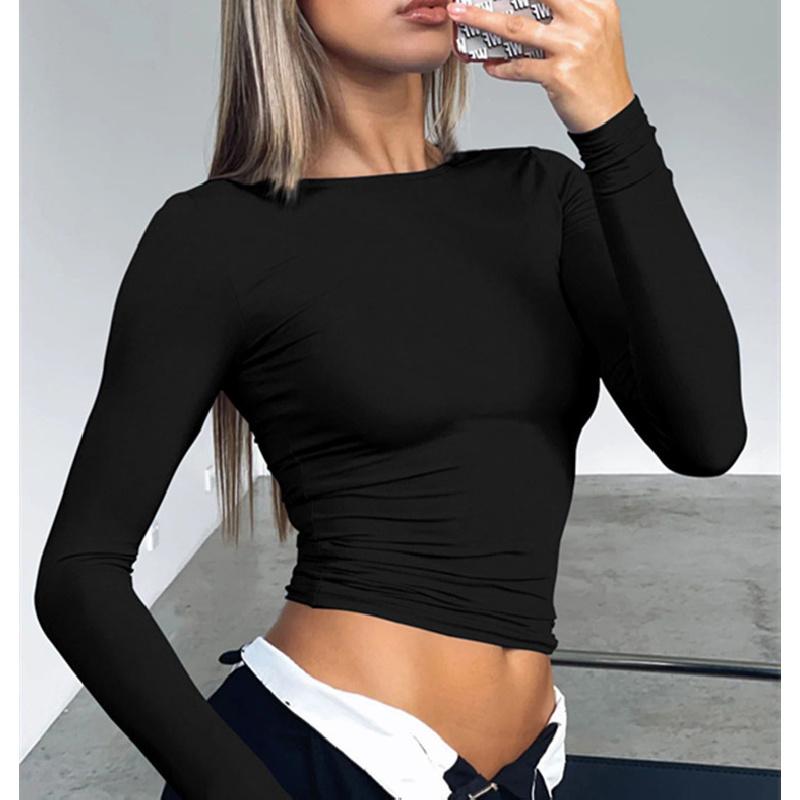 Popular women's casual long-sleeve T-shirt, spring and autumn solid color slim-fit pullover T-shirt, women's streetwear base shirt top