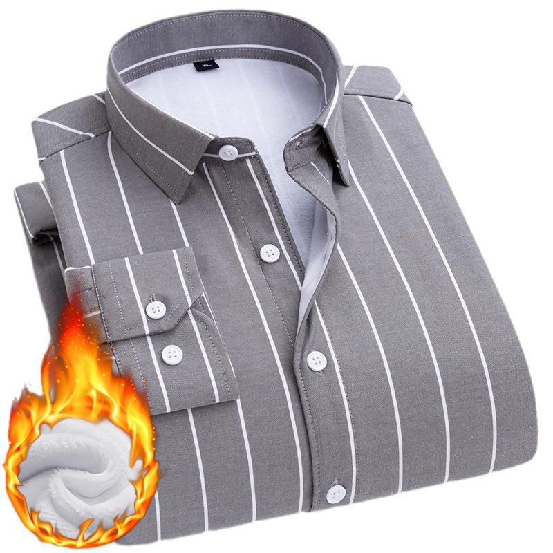 Winter Men's Warm Shirt Long Sleeve Cotton Fleece Thickened Casual Middle-aged Striped Shirt Top