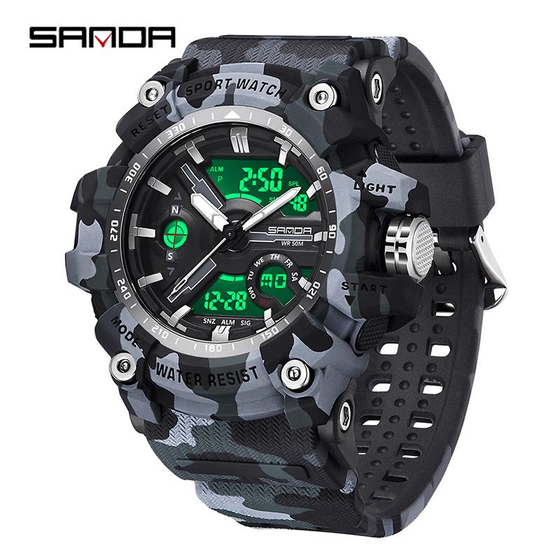Sanda Men's Multifunctional Camouflage Outdoor Sports Watch – Waterproof with Dual Display and Alarm Clock.