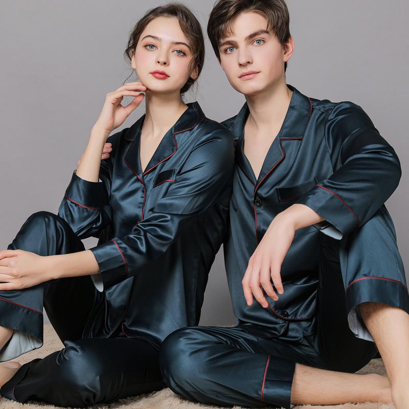 Silk Couple Pajamas: Women's & Men's Long Sleeve Plus Size Set for Spring and Autumn