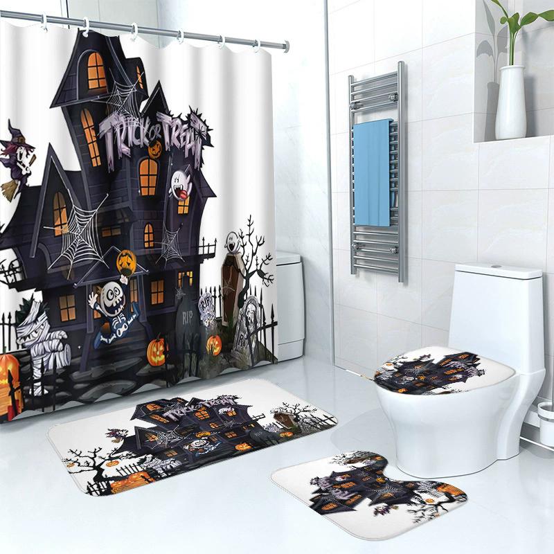 HOT Halloween Ghost Pumpkin Skull Shower Curtain Set with Non-Slip Rugs Toilet Lid Cover and Bath Mat Washable Trick or Treat