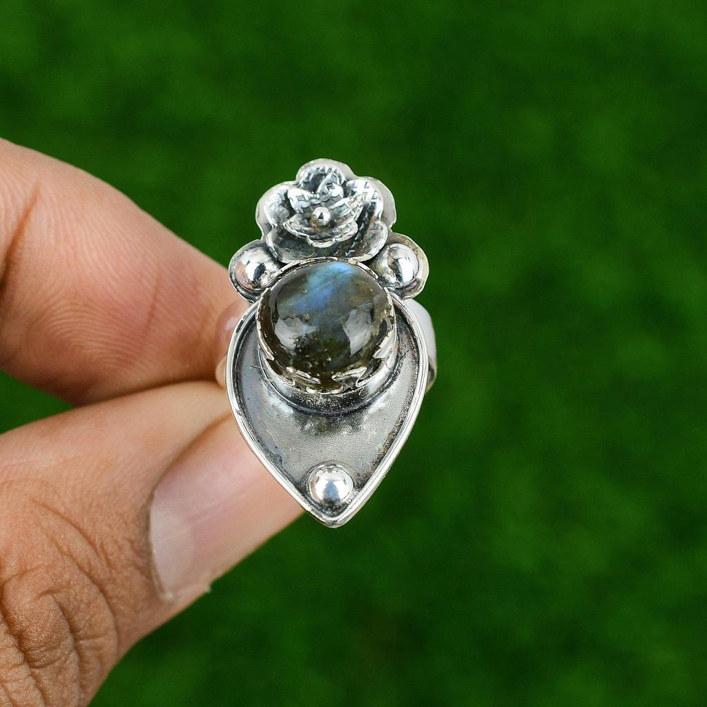 Gift For Her Natural Labradorite Statement Flower Adjustable Ring 925 Silver