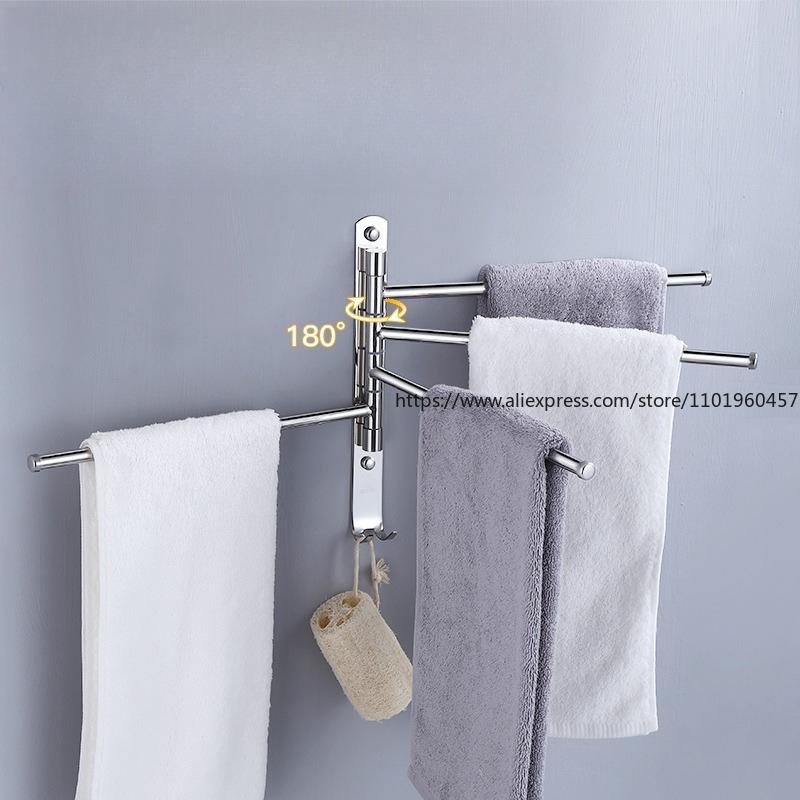 Bathroom Rotating Towel Bar Folding Movable Towel Rack No Punching 304 Stainless Steel Bathroom Rack Four Bars