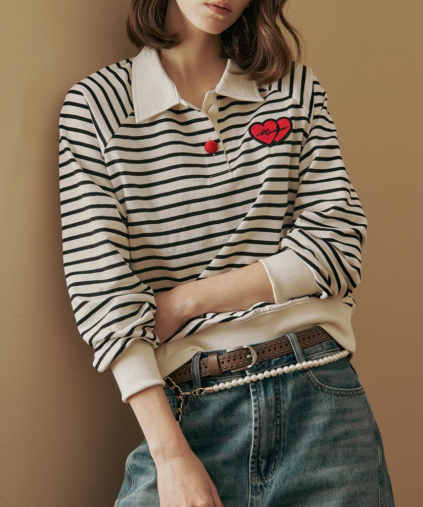 MAXZA Heart Wappen Shirt Collar Striped T-Shirt
