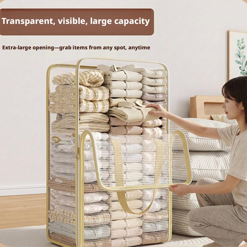Transparent PVC Clothes Storage Bag Large Capacity Foldable Quilt Organizer with Reinforced Handles Dustproof Wardrobe Organizer
