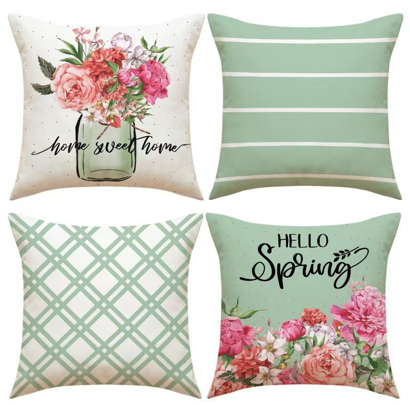 New Spring Geometric Print Pillow Cover Linen Green Set Combination Bedside Cushion Living Room Sofa Cushion Cover