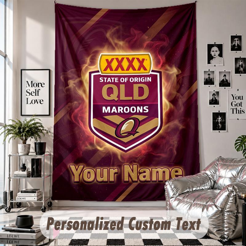 Wall Hanging Tapestry With Custom Name & Text, Queensland Maroons Decorative Tapestry For Bedroom