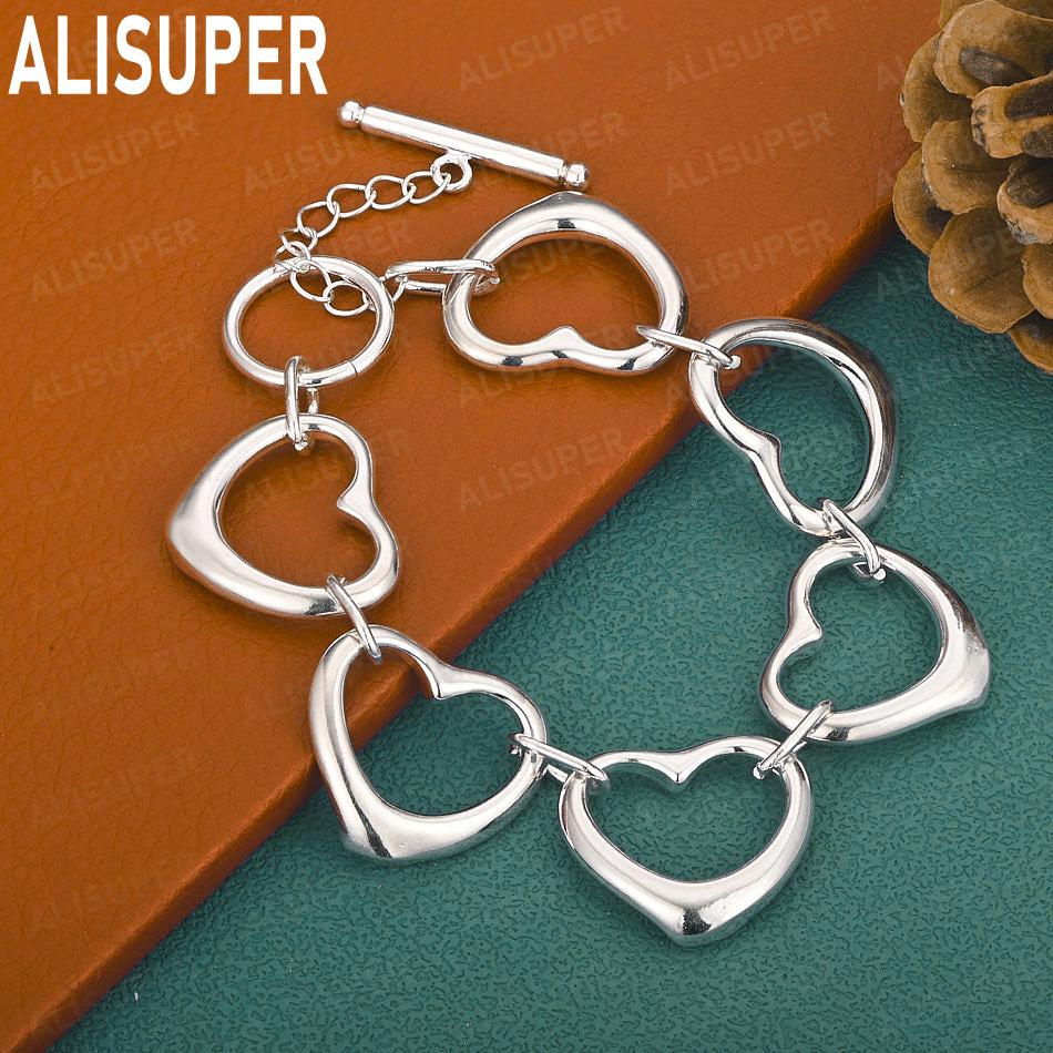 925 Sterling Silver Openwork Heart Side Chain Romantic Bracelet Gift Jewelry 20CM