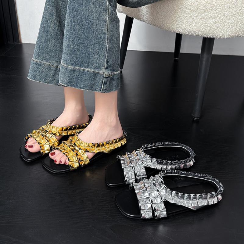 Fashion Fashion Gold Pleated Designer Slippers Women Summer Sexy Open Toe Slide Sandals Comfort Non Slip Beach Sandal Sandalias De Mujer