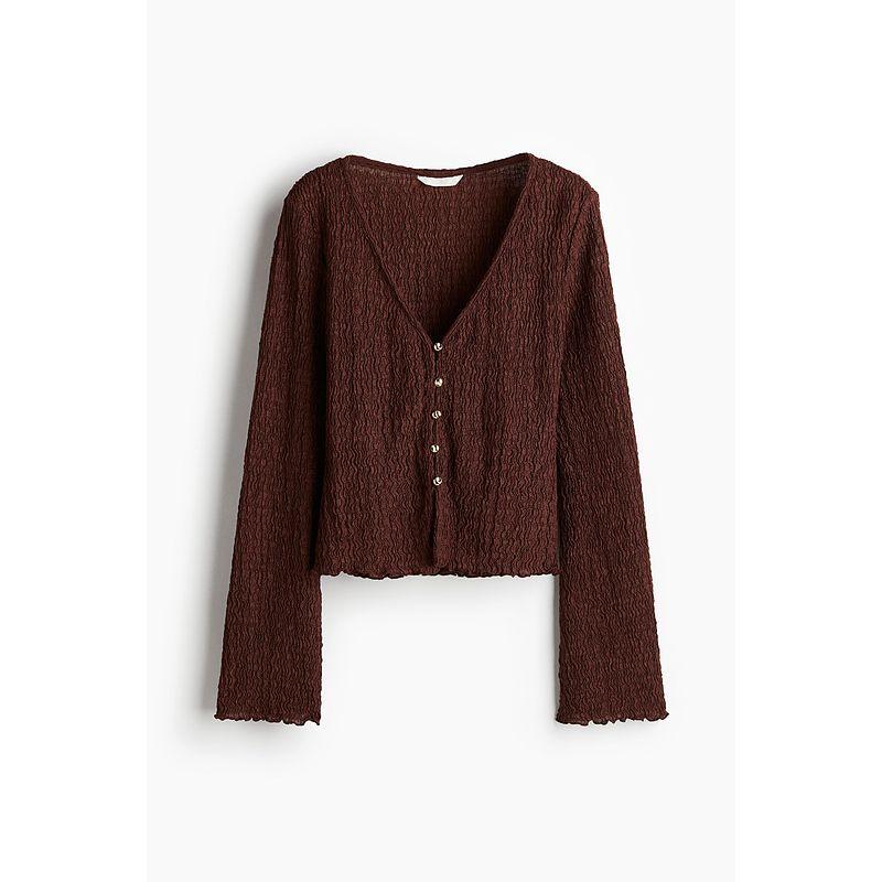 

HM Women s T-shirt 2025 Autumn New Arrival Texture Feeling Silm Deep V Neck Metal Button Long Sleeves Tops 1283685 Dark brown 165/96
