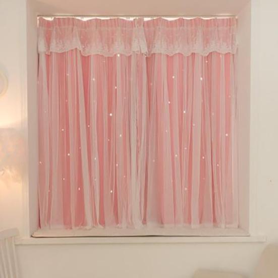 2PCS Finished Curtain Princess Style Ins Blackout Bedroom Hook Curtain Hollow Out Star Cloth Gauze Bay Window Curtain