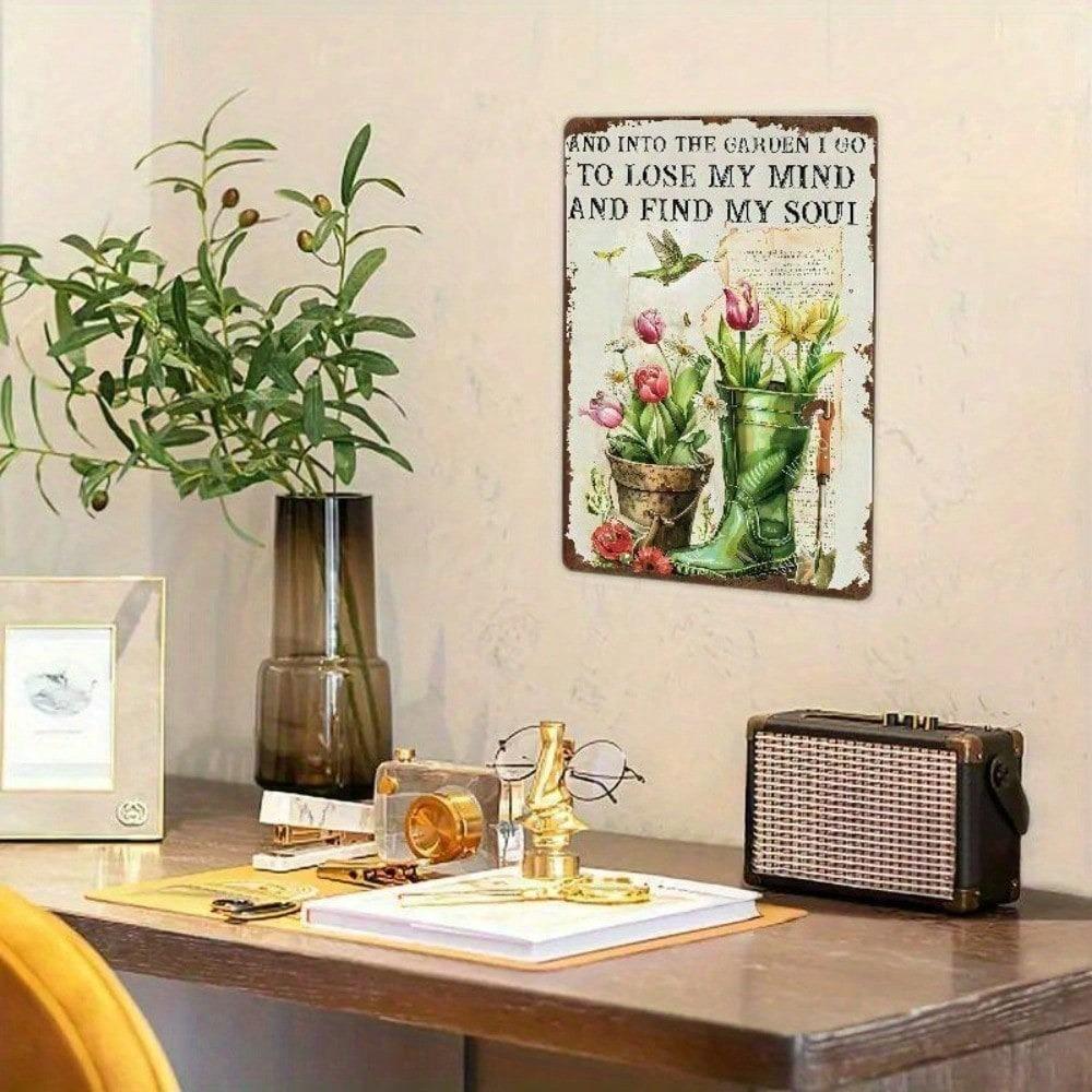 Vintage Metal Wall Art Sign Lose My Mind Find My Soul Rustic Garden Decor 8x12 Inch Floral Tulips Tin Plaque