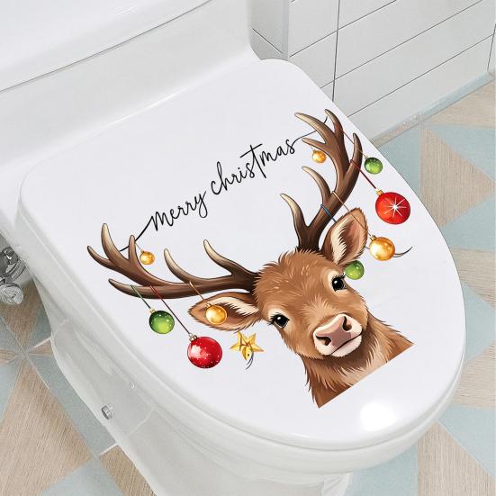 Festive Window Clings Christmas Elk Toilet Seat Cover Sticker, Cartoon Reindeer Lid Durable Waterproof Decals Decal, Self-Adhesive