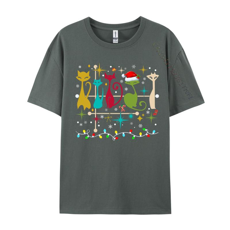 Mid Century Modern Look Cats Christmas Retro 50s 60s Xmas TShirt Casual Short Sleeve All Cotton Round Collar Unisex TShirt