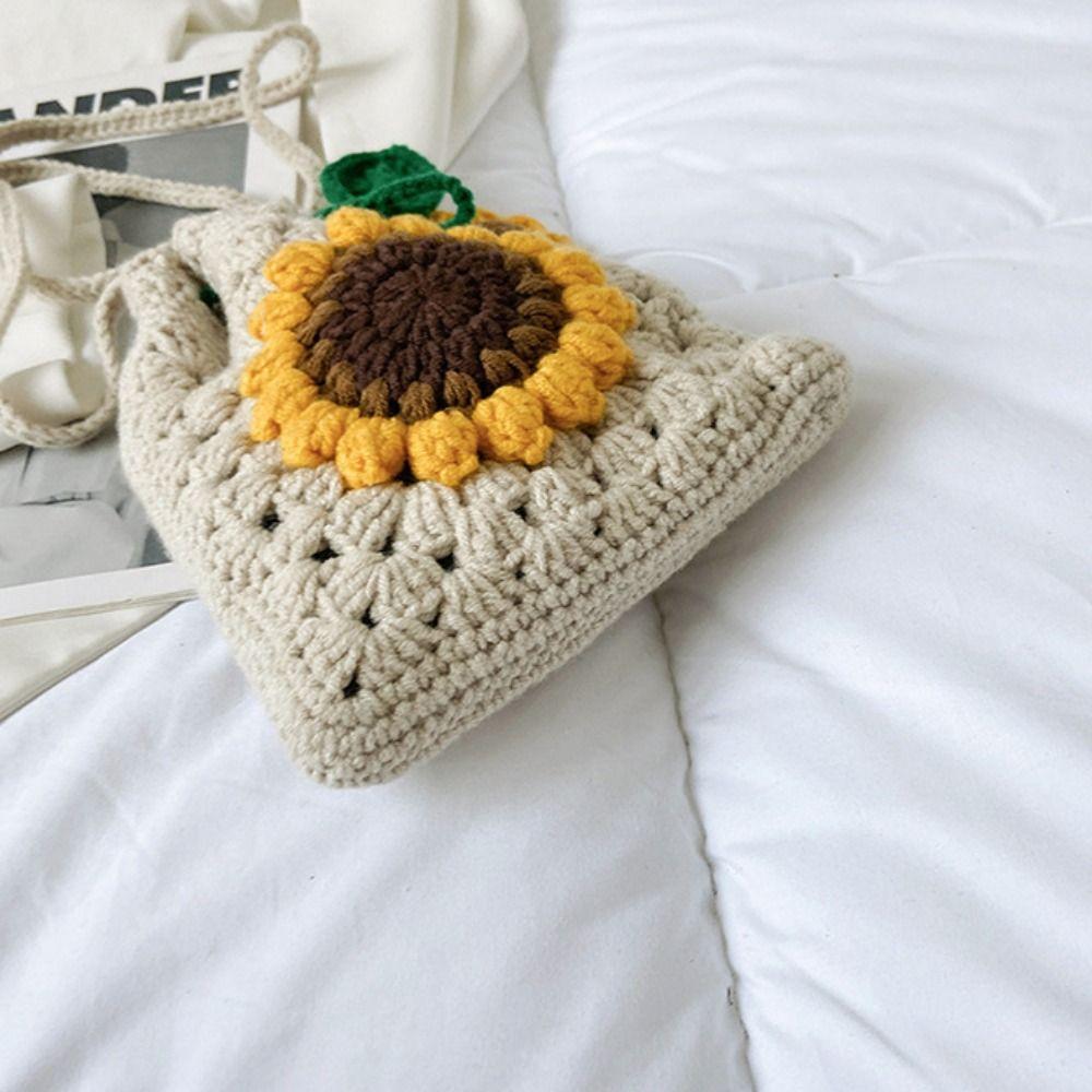 Knitted Sunflower Shoulder Bag Drawstring Handwoven Knit Bag Hand Knitted Bag Kids