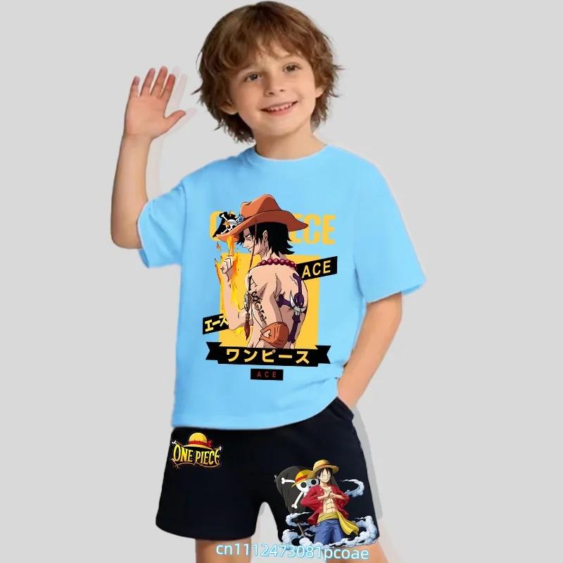 Children's Polyester Short-sleeved Shorts Set with "One Piece" Cartoon Print Boy's Sports Shirt for Summer T-shirt Set of 2 Pieces