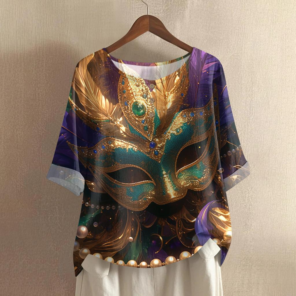 Women's Fashionable And Casual Shirt Half Sleeve Round Neck Print Cotton And Linen Blouse Top