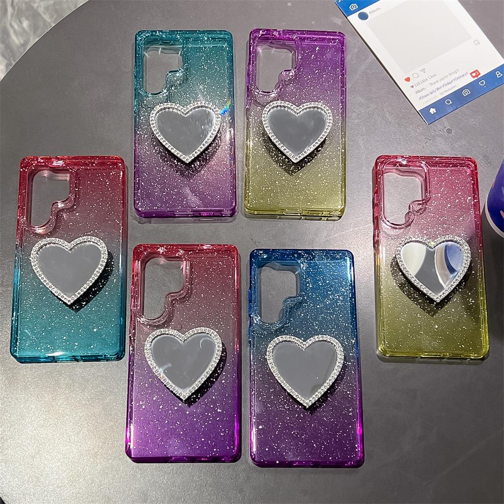 For Samsung Galaxy S25 Ultra Case Glitter Dual Color PC+TPU Clear Phone Cover with Heart-Shape Mirror