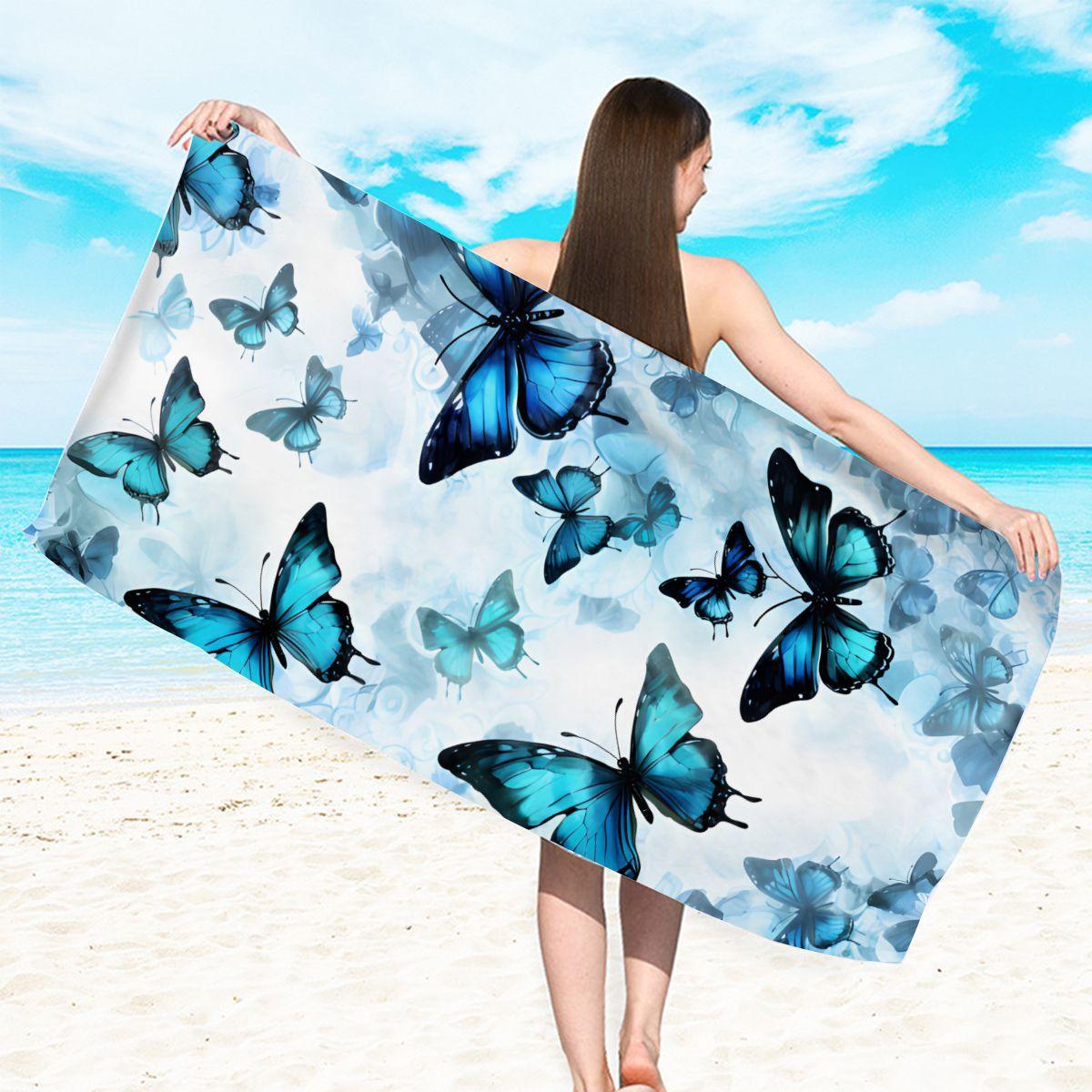 

Blue butterfly pattern digital-printed polyester Superfine fiber double-sided fleece Beach vacation bath towel, beach towel W40*H60(CM)