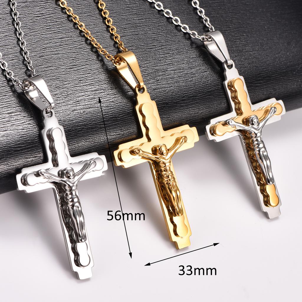 Stainless Steel Punk Jesus Crucifixion Cross Pendant Necklace for Women Men Religious Faith Prayer Charms Chain Metal Jewelry
