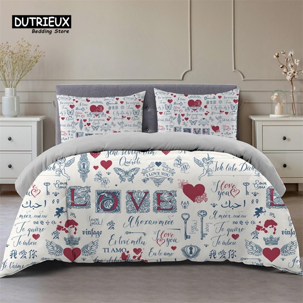 Comforter Love Heart Bedding Set Love Words Polyester Romantic Crown Print Full King For Girl Boy