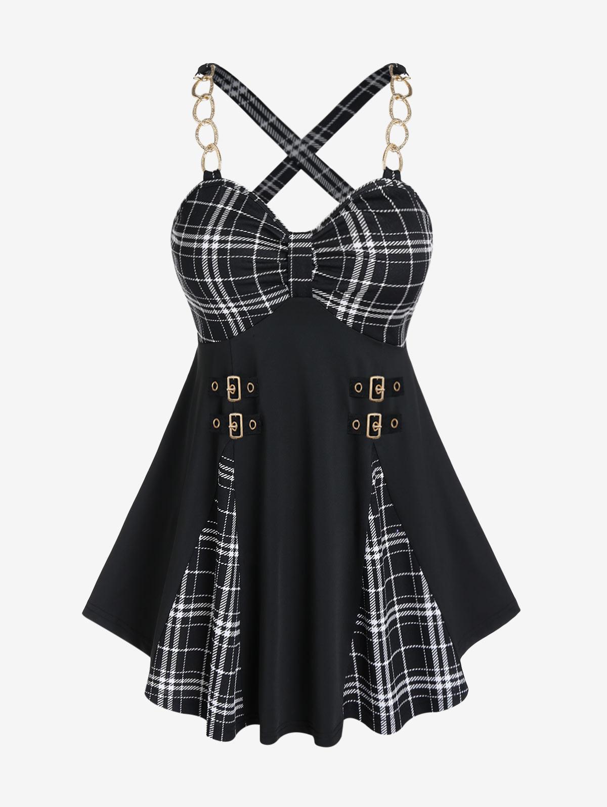 

Rosegal Плюс размер Майка в клетку с перекрещенными цепочками и завышенной талией