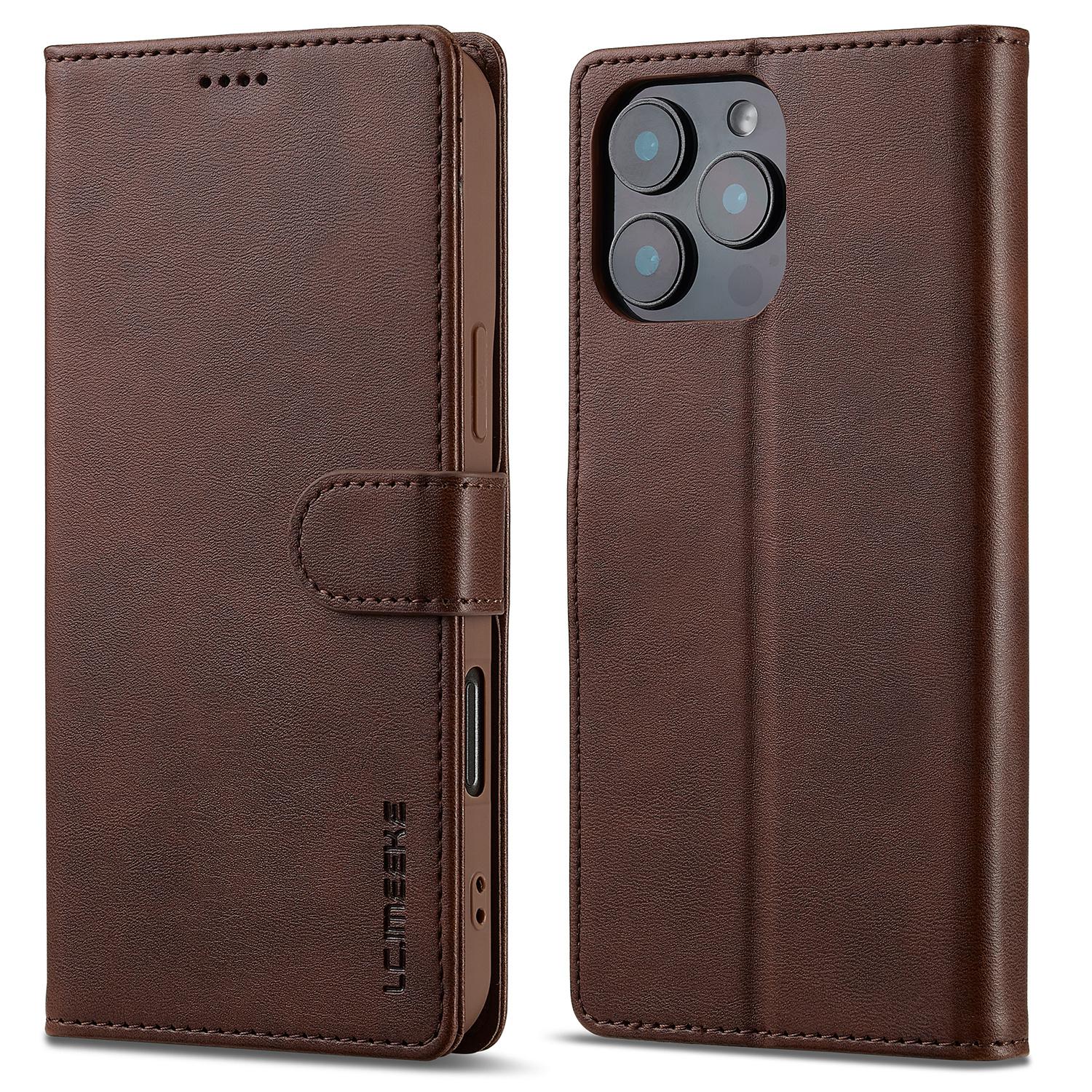 

LC.IMEEKE For iPhone 16 Pro Max Case Calf Texture PU Leather Stand Wallet Phone Cover Brown