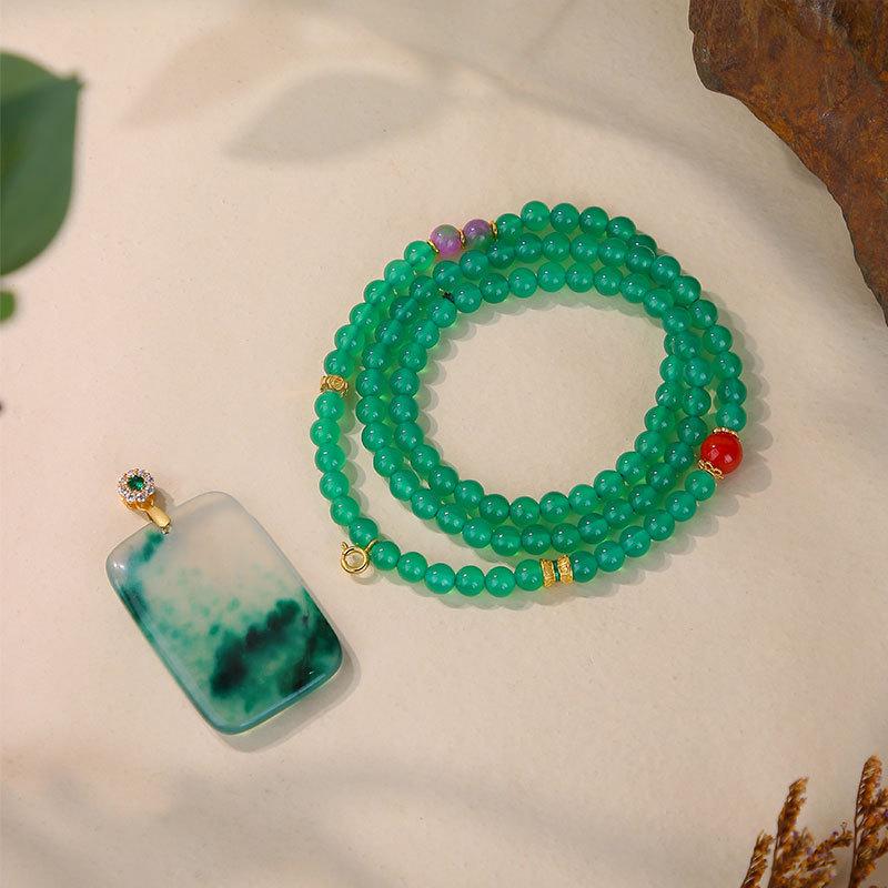 National Dynasty Xinjiang Gold Silk Jade Bead Necklace with Emerald Jade Pendant