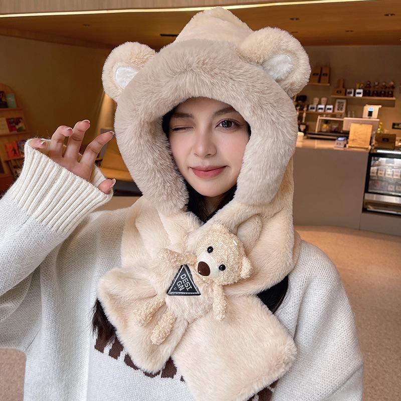 Doll bear hat scarf integrated schoolgirl cute warm winter plush scarf cover ear protection