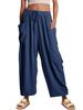Elastic waisted pleated high waisted wide leg pants, loose casual cotton and linen pants
