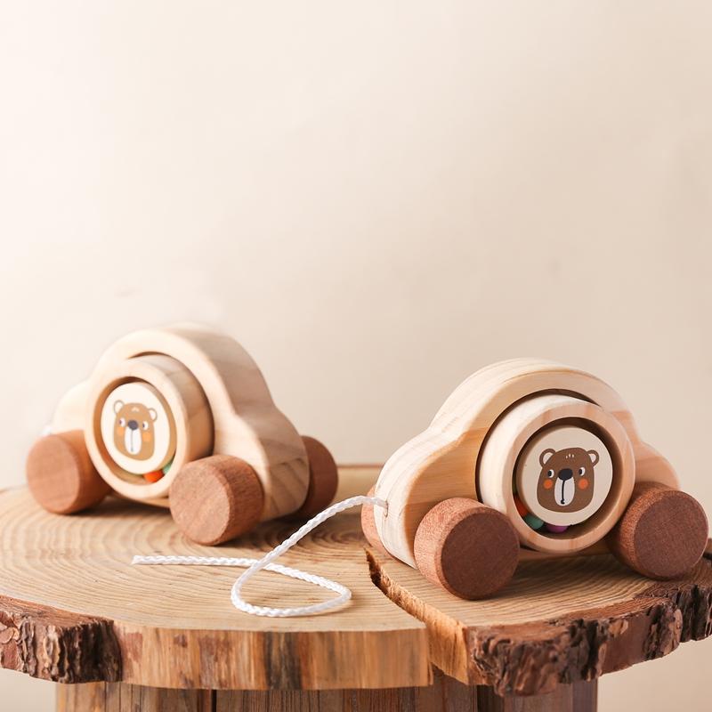 Wooden Trolley Toy Baby Montessori Finger Fine Movement Game Pine Cartoon Bear Trolley Is BPA-Free Babyroom Decoration Kid Gift
