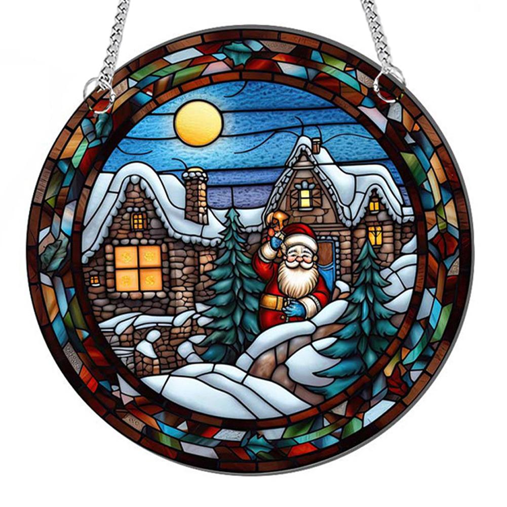 Christmas Santa Claus Windows Hanging Suncatcher Winter Xmas Snow House Suncatcher Acrylic Windows Panel Hanging Suncatcher