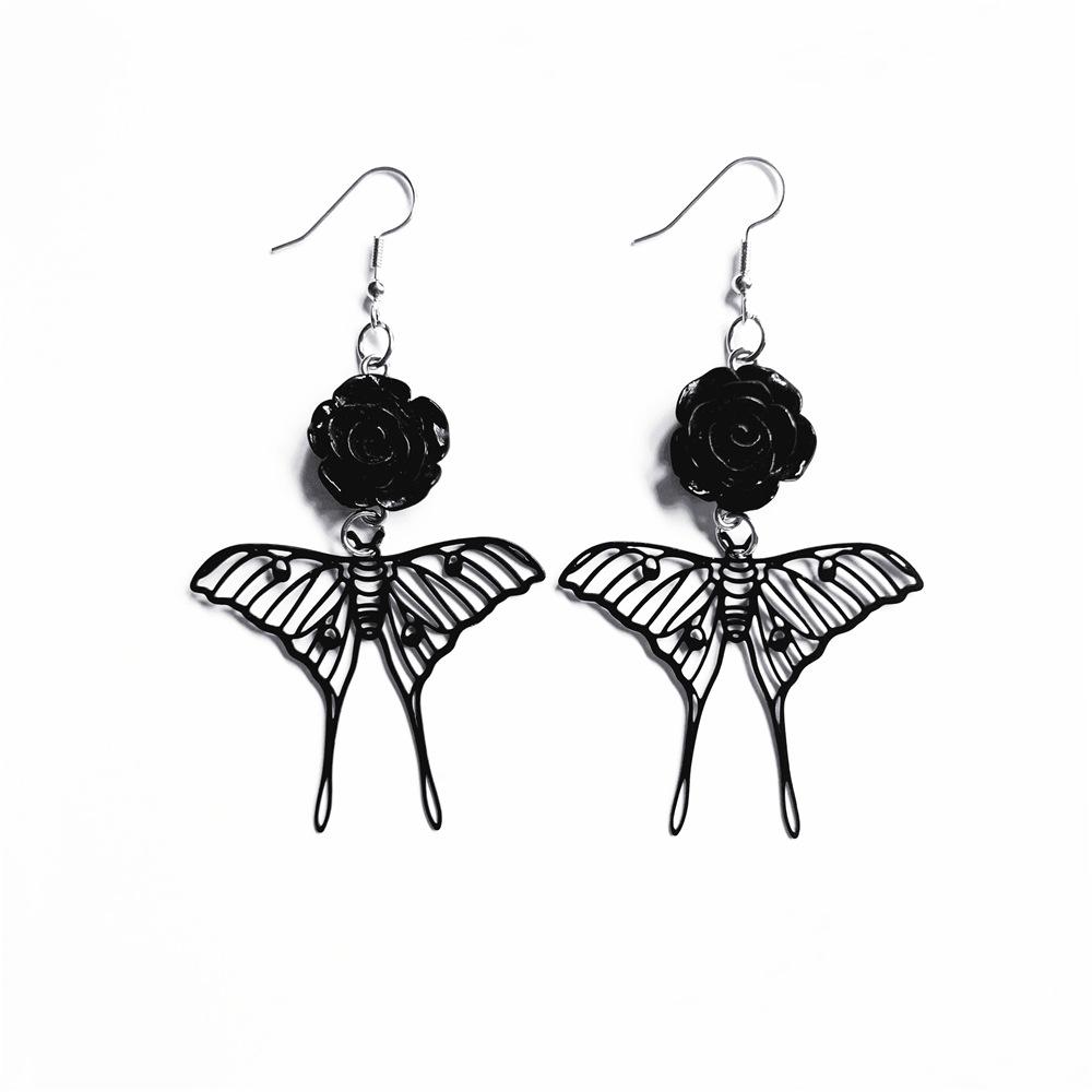 Gothic Black Roses and Cross Pendant Earrings Jewelry
