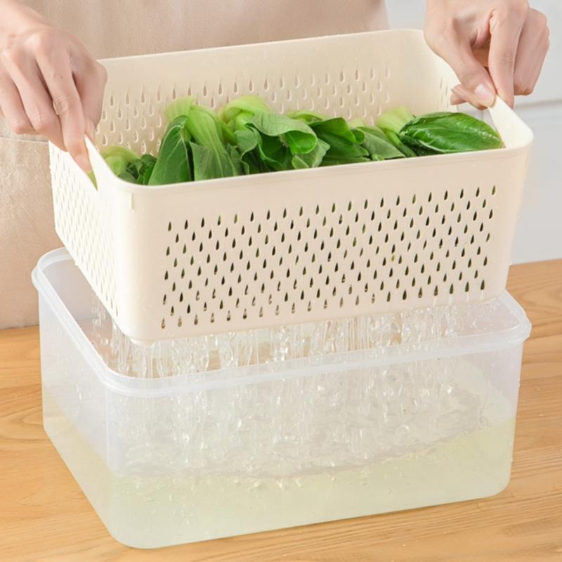 Vegetable and Fruit Storage Bins with Strainers Space Saving Freshness Preserving Boxes Large Organizer Box with Lid