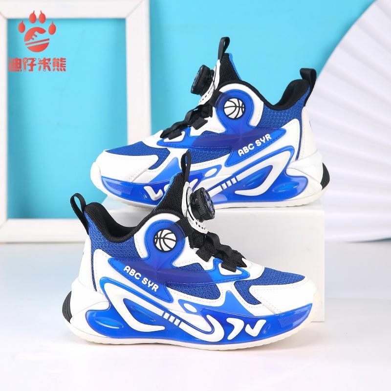 

2025 spring and autumn new children s basketball shoes leather waterproof sports shoes friction sound boys rotating buttons 39