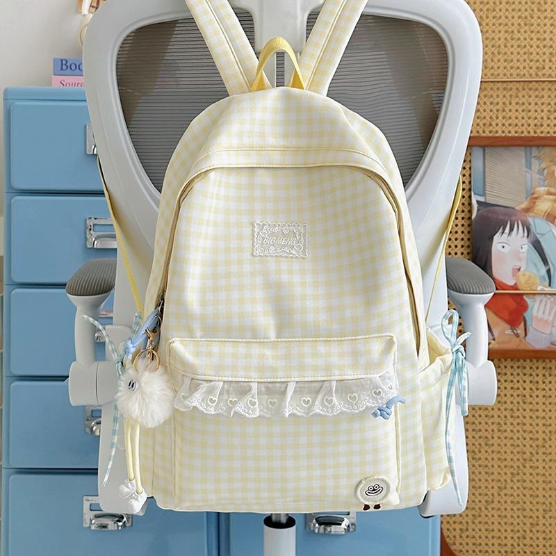 Schoolbag Korean fresh plaid corrugated backpack girl heart lace small schoolbag girls junior high school students female commuter bag