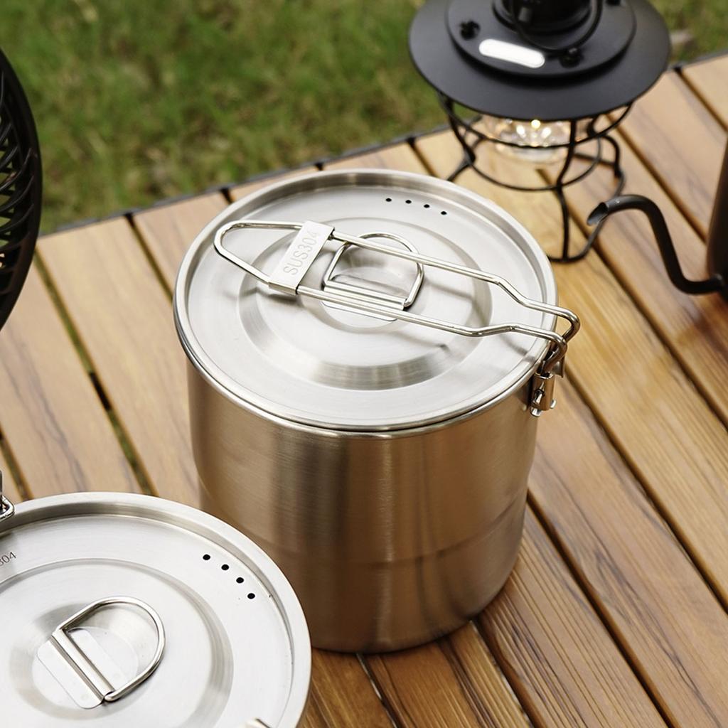 Camping Cooking Pot 304 Stainless Steel Portable Metal Rice Cooker Camping Cookware for Outdoor Hiking Single Handle
