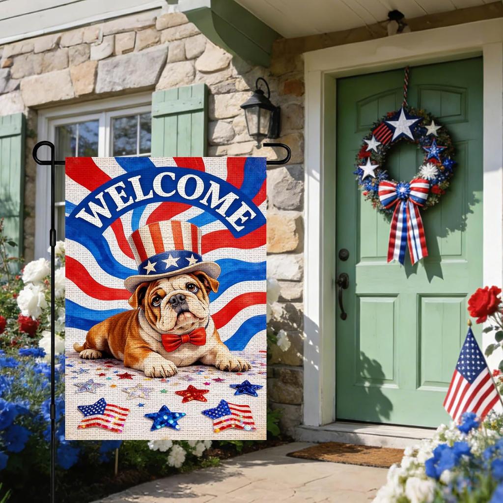IVN 4th of July Bulldog Welcome Uncle Sam Hat Patriotic Stars Garden Flag 12x18 Vertical Double Sided Memorial Day Independe