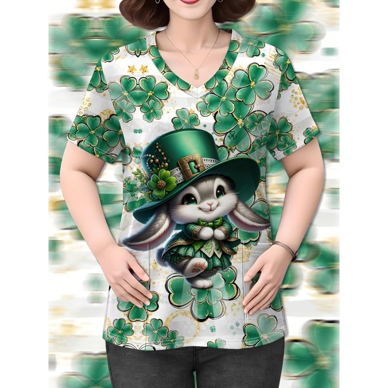 3D Printed Beautiful Elf Plus Clover Pattern Clothing - Women s New V-neck Top Short Sleeve - Women s Printed T-shirt S
