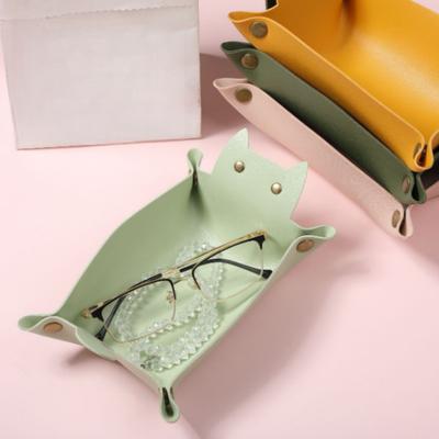 1PC Cute Vintage Cat Shape Folding Leather Storage Tray Desktop Cosmetic Stuffs Key Jewelry Organizer Pu Home Room Entrance Deco