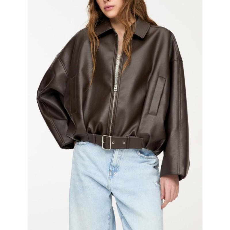 Women's Fall Short Loose Vintage Lapel Zipper Jacket with Faux Leather Belt