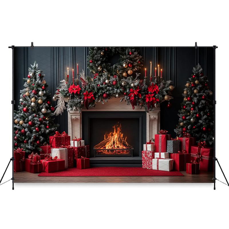 Mocsicka Christmas Backdrop Photography Fireplace Red Flower Gift Xmas Tree Photo Background For Shooting Home Decoration Studio
