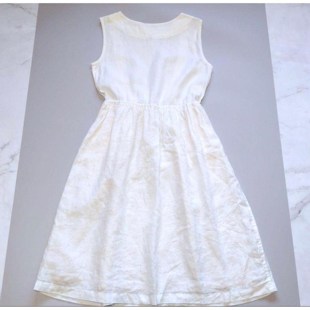 Used PAR ICI 100% Linen Tucked Sleeveless Dress Gathered White