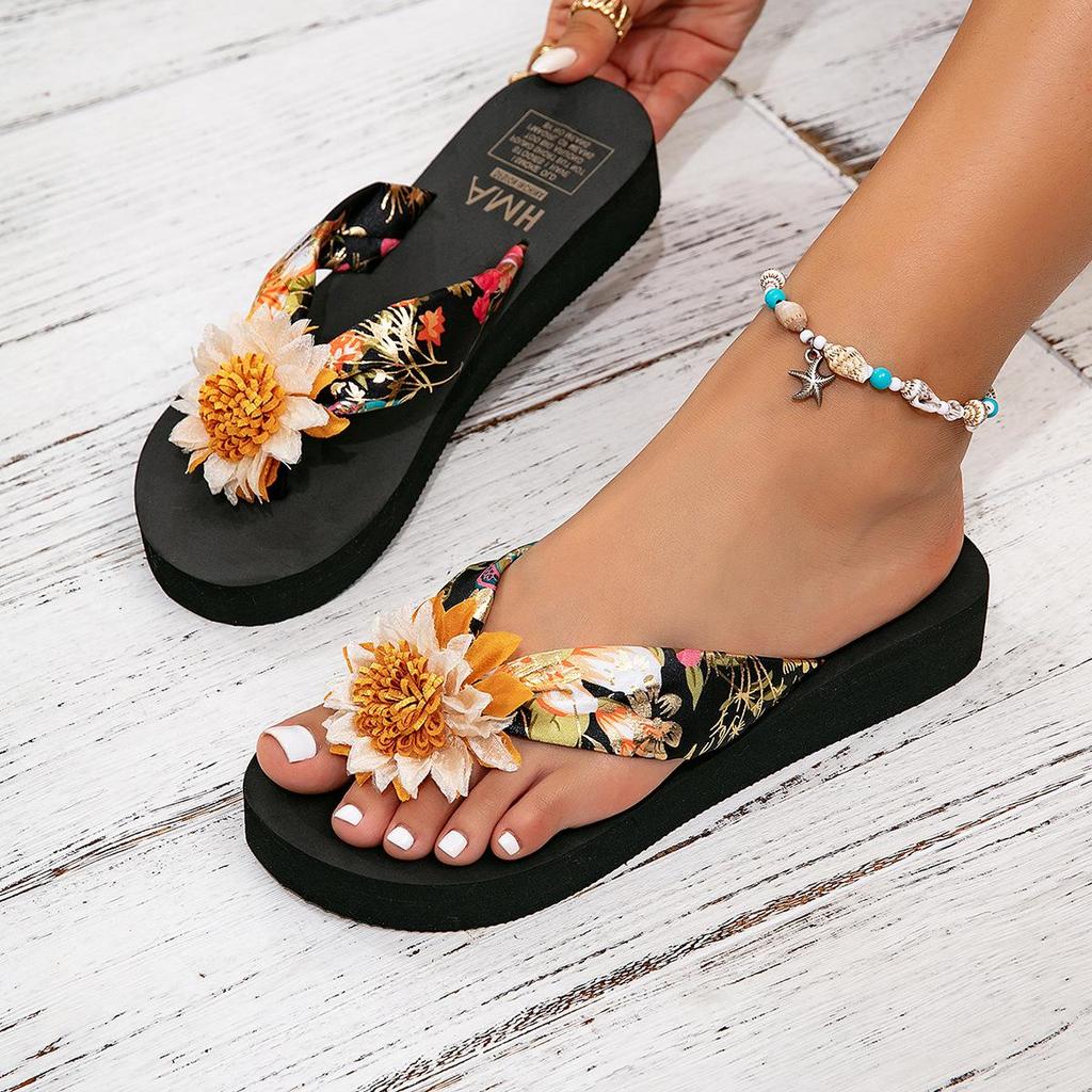 Summer Flip-flops for Women, Bohemian Silk Fabric Slip-on Sandals, Casual Wedge-heeled Beach Sandals for Women