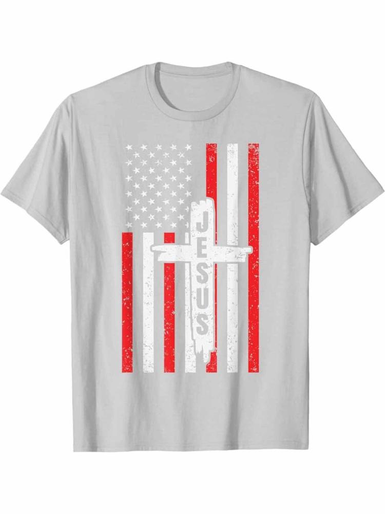 American Flag Jesus Christ FaithUSA Patriotic Design with Jesus Cross designcotton Oneck short sleeve printed mens Tshirt